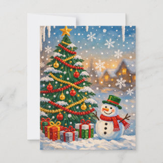 伝統的なクリスマスツリーと雪だるまのホリデーカード ノートカード