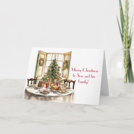 伝統的なテーブル 息子と家族のクリスマスカード サンキューカード (正面)