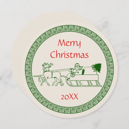 伝統的なトナカイのサンタのそりのレトロのクリスマス サンキューカード (正面/裏面)