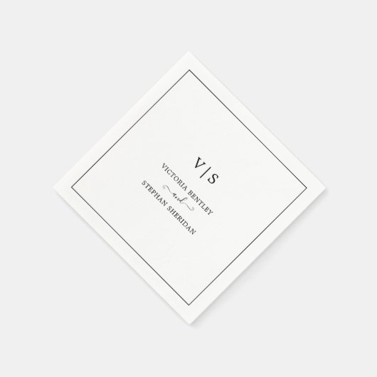 伝統的なブラックとホワイトのモノグラム ウェディング スタンダードカクテルナプキン (角)