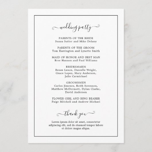 伝統的なブラックとホワイトのモノグラム ウェディング プログラム (裏面)