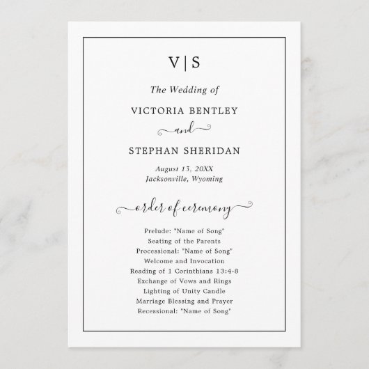 伝統的なブラックとホワイトのモノグラム ウェディング プログラム (正面)