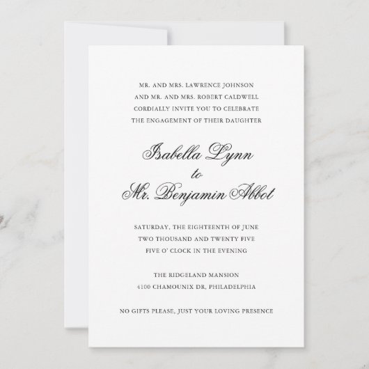 伝統的なブラック＆ホワイトのエンゲージメントパーティー 招待状 (正面)