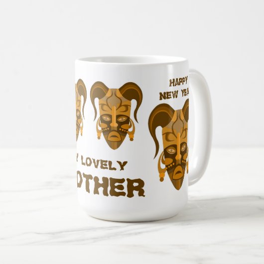 伝統的なマスクアートを有するマグカップ コーヒーマグカップ (正面右)
