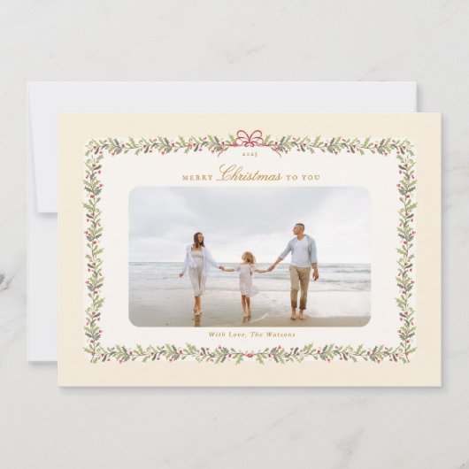 伝統的なリボンのクリスマス植物画 1枚の写真 フラット シーズンカード (正面)