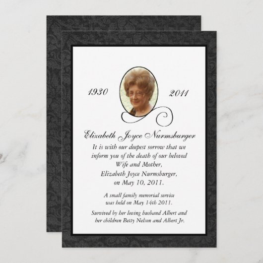伝統的な写真の死の発表カード 案内状 (正面/裏面)