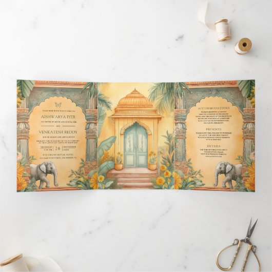 伝統的な南インドのオールインワン結婚式 三つ折り招待状 (内部)