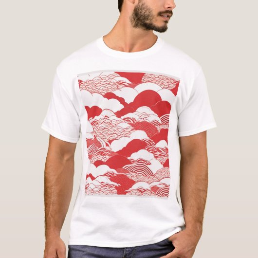 伝統的な日本のパターン デザイン 青い幾何学模様 Tシャツ (正面)