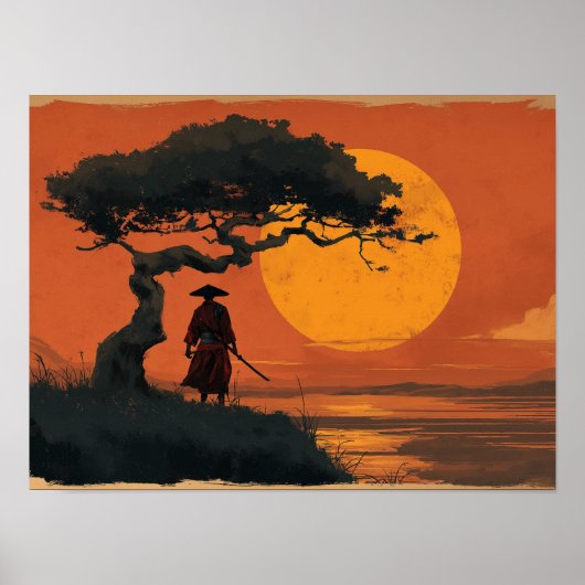 伝統的な日本の夕焼けの木の下の侍 ポスター (正面)