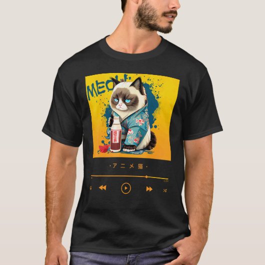 伝統的な日本の着物を着たちび猫 Tシャツ (正面)