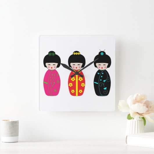 伝統的な日本人のKokeshiの芸者の人形 スクエア壁時計 (ホーム)