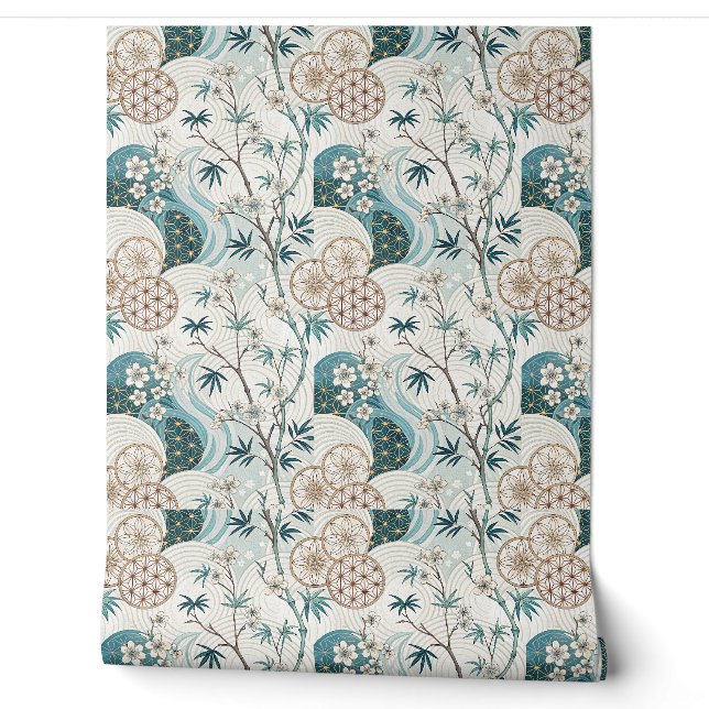 伝統的な日本風の竹と花の文様 壁紙 (ほどく)