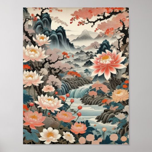 伝統的な日本風景画が描かれた、墨と和紙の世界 ポスター (正面)