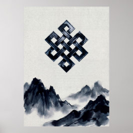 伝統的な水墨画の山々と無限結び ポスター
