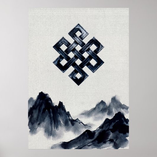 伝統的な水墨画の山々と無限結び ポスター (正面)