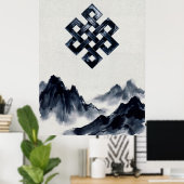 伝統的な水墨画の山々と無限結び ポスター (ホームオフィス)