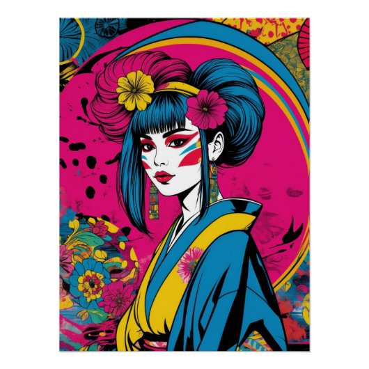 伝統的な着物を着た日本人の芸者女性 ポスター (正面)
