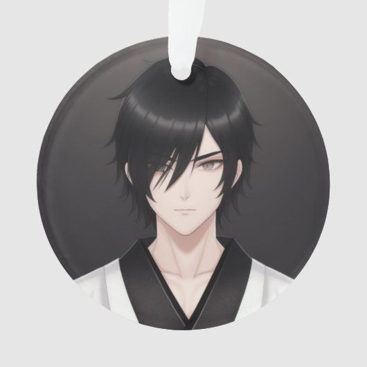 伝統的な衣装の黒髪アニメ少年 オーナメント (正面)