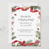 伝統的な赤いリボンのクリスマスパーティー 招待状 (正面)