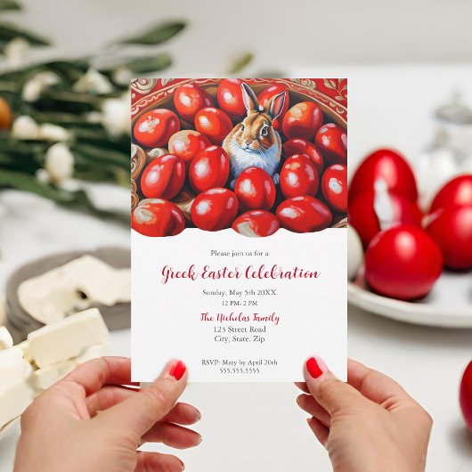 伝統的な赤い卵とうさぎ 招待状