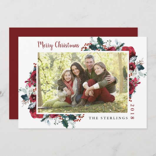 伝統的な赤と緑の花柄のホリデーカード シーズンカード (正面/裏面)