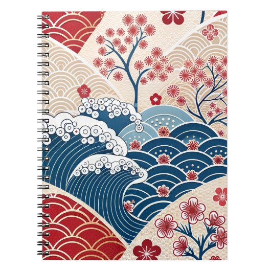 伝統的な赤と青の日本の波桜の模様 ノートブック (正面)