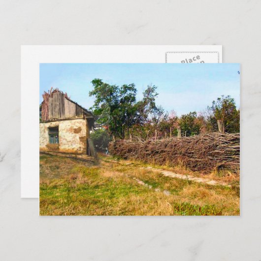 伝統的な農業用建物と編み垣 ポストカード (正面/裏面)
