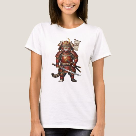 伝統的な鎧を着た侍猫 – 剣付き Tシャツ (正面)
