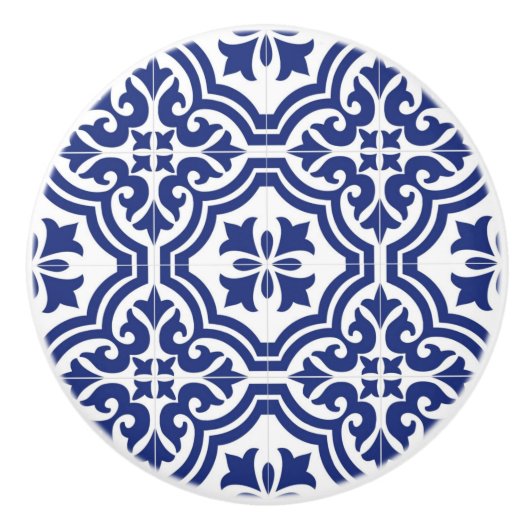 伝統的な青と白のスペインのAzulejo セラミックノブ (正面)