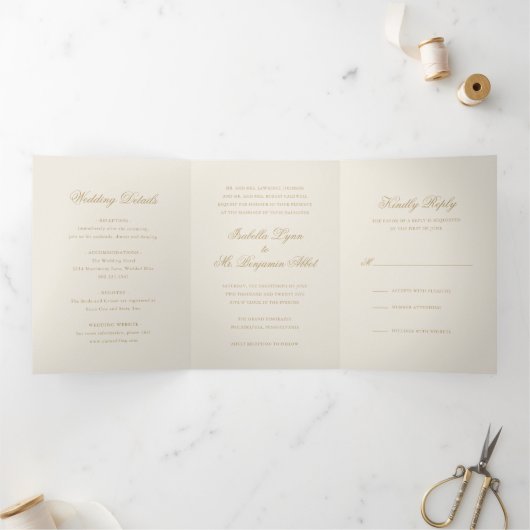 伝統的アイボリーエレガフォーマルントウェディング 三つ折り招待状 (内部)