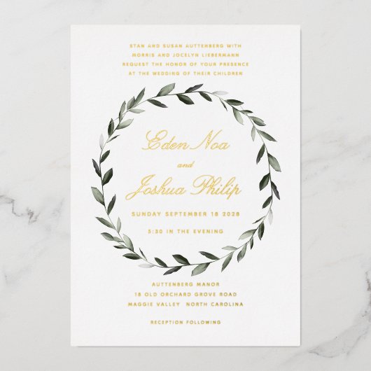 伝統的エレガントオリーブブランチリースII金ゴールド 箔招待状 (正面)