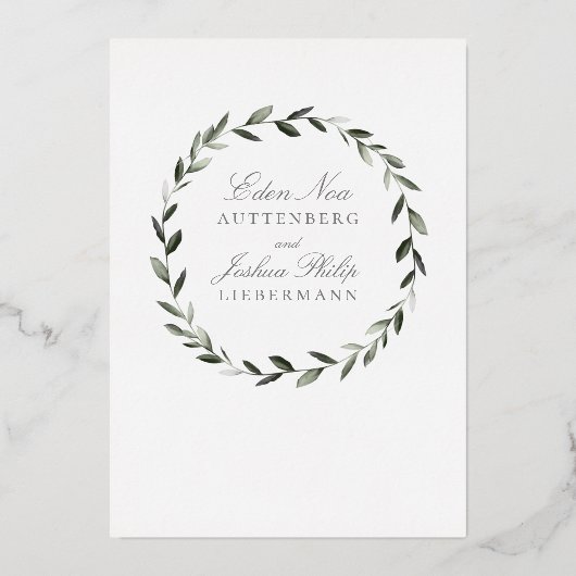 伝統的エレガントオリーブブランチリースII金ゴールド 箔招待状 (裏面)