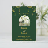 伝統的エレガント結婚インディアンはグリーンとゴー 出欠カード (スタンド正面)