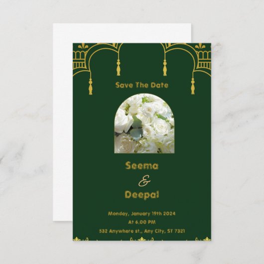 伝統的エレガント結婚インディアンはグリーンとゴー 出欠カード (正面/裏面)