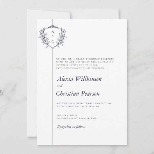 伝統的クラシックネイビー結婚クレスト 招待状 (正面)