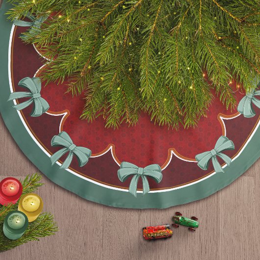 伝統的クリスマスグリーン弓（赤い円） ブラッシュドポリエステルツリースカート