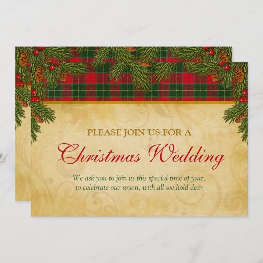 伝統的クリスマスタータンチェックプ結婚ライド 招待状 (正面/裏面)