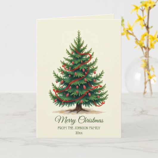 伝統的クリスマスツリーファミリーホリディグリーティング カード (黄色い花)