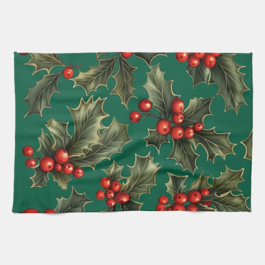 伝統的クリスマスホリー キッチンタオル (横)