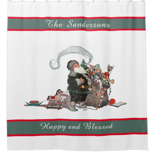 伝統的クリスマスヴィンテージオールドワールドサンタ シャワーカーテン (正面)