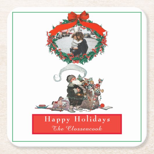 伝統的クリスマスヴィンテージサンタフォトホリデー スクエアペーパーコースター (正面)