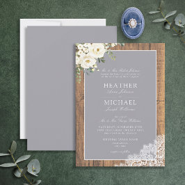 伝統的グレー素朴ウッドレーススクリプ結婚ト 招待状