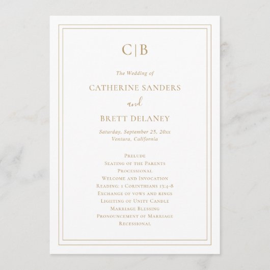 伝統的シンプルモノグラムエレガント金ゴールド結婚ズ プログラム (正面)