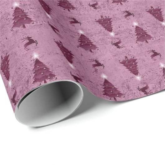 伝統的ピンクのクリスマスツリー&トナカイ ラッピングペーパー (ロールコーナー)
