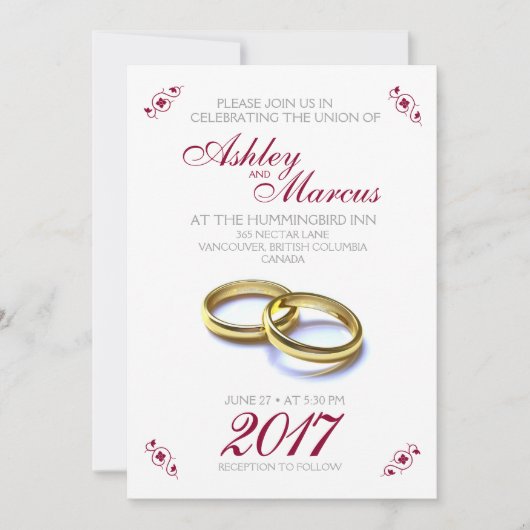 伝統的フローラとリングや輪ブルゴーニュ・グレイ結婚ズ 招待状 (正面)