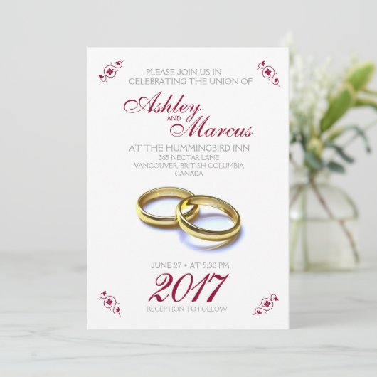 伝統的フローラとリングや輪ブルゴーニュ・グレイ結婚ズ 招待状 (スタンド正面)