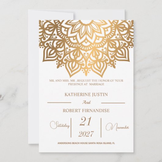 伝統的ホワイトブロンズマンダラ結婚インディアン 招待状 (正面)