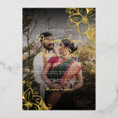 伝統的モダン金ゴールドメンディ結婚インディアン実在ズ 箔招待状 (正面)
