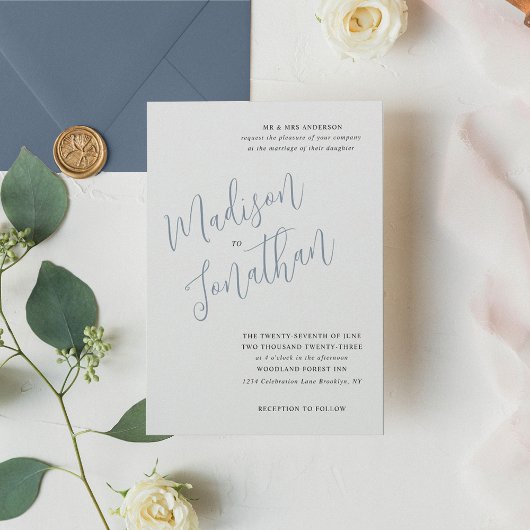 伝統的モダンDusty Blue結婚の 招待状