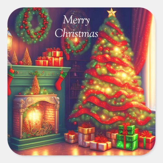 伝統的ヴィンテージスタイルクリスマスツリー スクエアシール (正面)